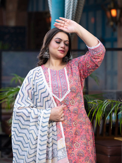 Women Plus Size Peach Pure Cotton Kurta Set With Dupatta